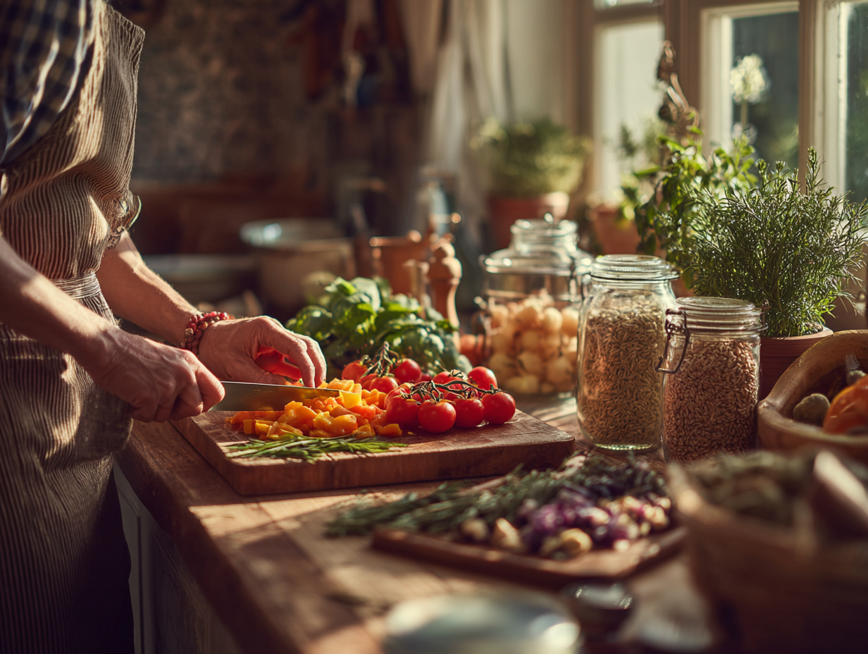 Smiling European couple in their 30s preparing fermented foods like kefir and sauerkraut in a bright modern kitchen with probiotics chart visible